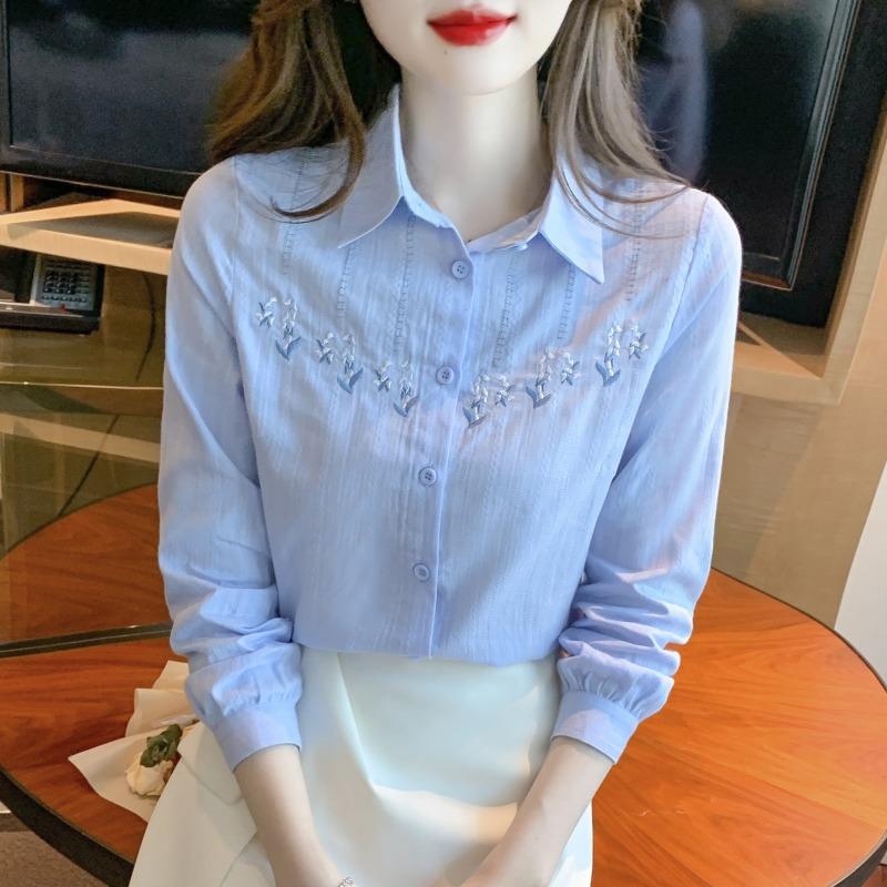 

Большого размера женская рубашка из чистого хлопка с вышивкой, с длинными рукавами, для работы, в стиле OL, повседневная белая рубашка, трендовая XL синий