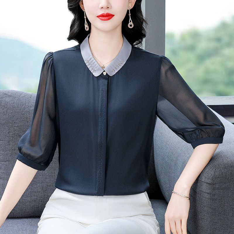 

Женская темно-синяя шифоновая блузка с бусинами на воротнике, прозрачная рубашка с рукавами до локтя M темно-синий