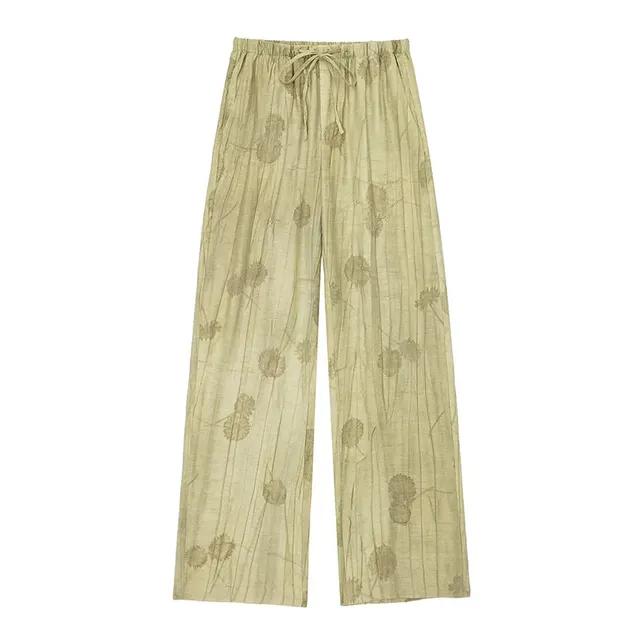 Linen Tie Dye Print Long Pants Sets Women Lapel Half Sleeve Single Breasted Shirts Drawstring Wide Leg Pant Two Pieces Set