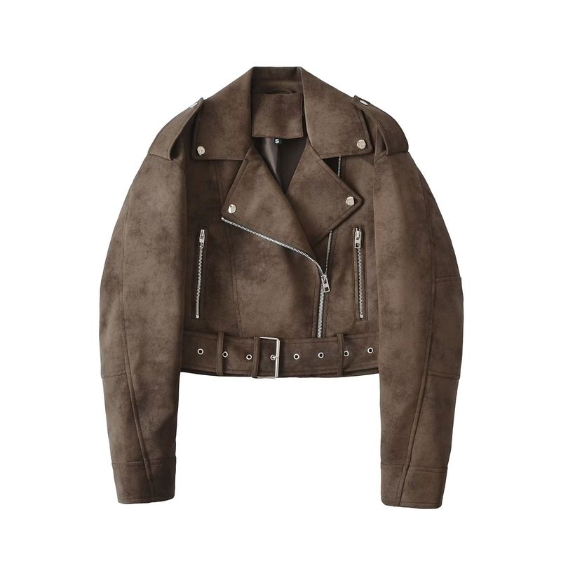 

Coolerte Autumn Maillard Brown American vintage Design Sense Velvet Feeling Pu Motorcycle Clothing Jacket Short coat Cool Sa Special L