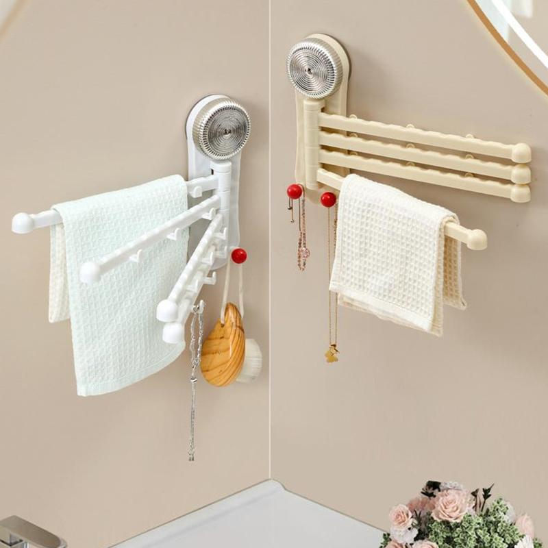 Bathroom Rotating Sucker Towel Rack Cloth Drain Holder Multi Link Wall Mounted Drain Stand Kitchen Storage Sheif Hanging Rod