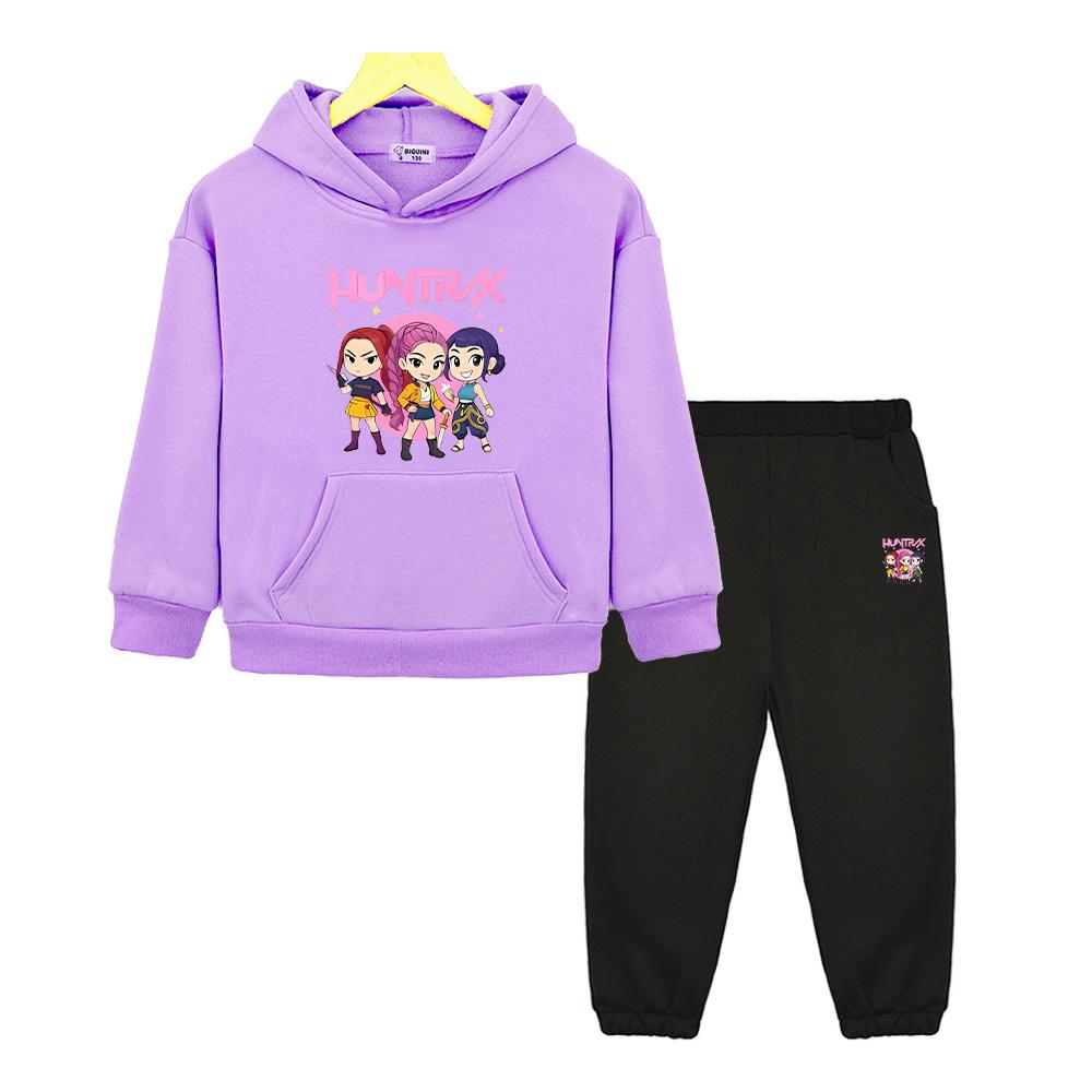 Kpop Demon Hunters Autumn Boy Girl Hooded Sets 2pcs Pullover+pant Anime Hoodie Fleece Sweatshirt Jacket Kids Boutique Clothes