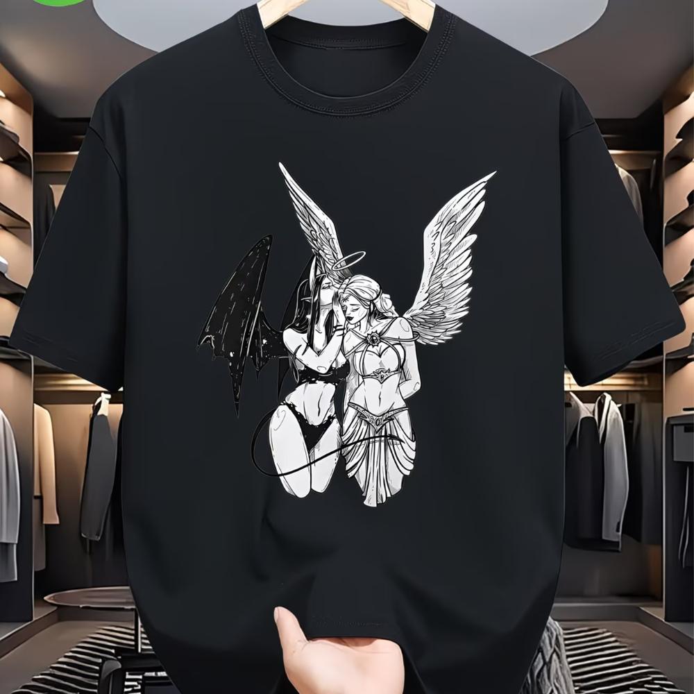 Unisexs Angels And Demons Black And White Gothic Print Graphic T Shirt Cotton Tee Unisex Summer Novelty Oversize Streetwear Vintage
