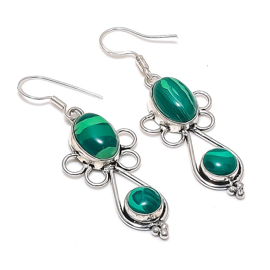 Malachite Gemstone Handmade 925 Sterling Silver Jewelry Earring 2.36" KJ-832
