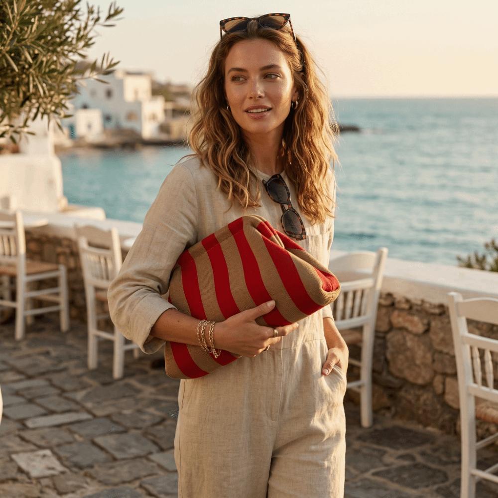 Elegant Woven Crochet Purses Large Capacity Striped Pattern Beach Clutch Handbags Colorblock Design Woven Texture