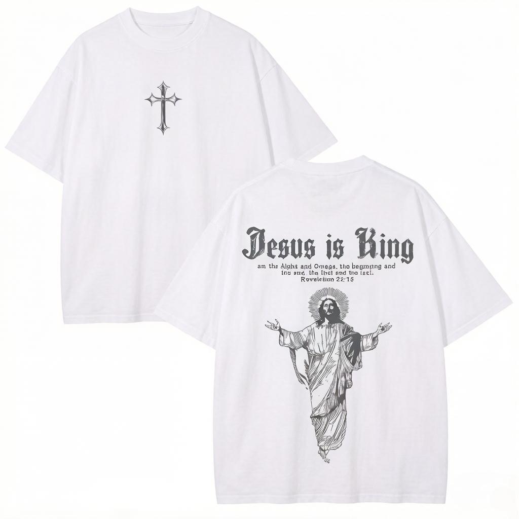 T-shirt Gesù è Re Stampa Croce Cristiana Cotone Vintage Grafica Religiosa Retrò Tee Streetwear Top Unisex T-shirt da Unisex