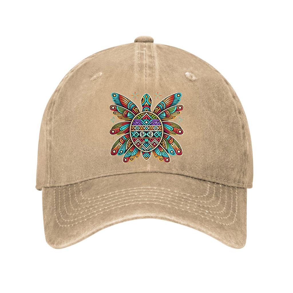 Colorful Tribal Turtle Baseball Cap Washed Denim Dad Hat Adjustable Outdoor Sun Protection Unisex