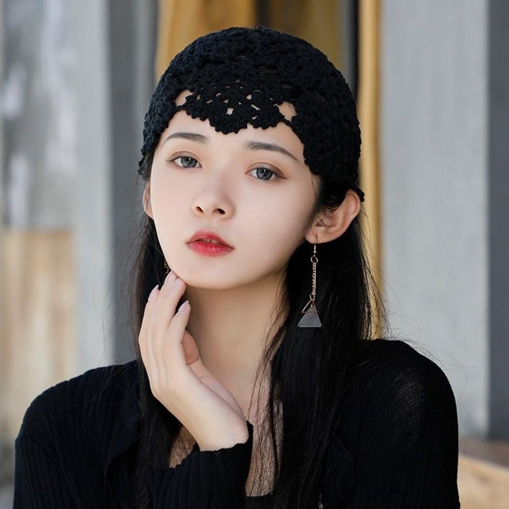 Handmade Knit Skullies Caps Solid Color Beanies Cap Ethnic Style Crochet Flower Hat Ladies
