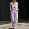 Summer new pink flamingo print V-neck diagonal shirt wide-leg pants two-piece set women's casual suit