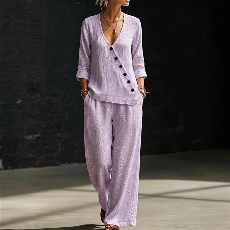 Summer new pink flamingo print V-neck diagonal shirt wide-leg pants two-piece set women's casual suit