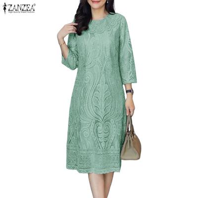 Women Casual Round Neck 3/4 Sleeve Patchwork Lace Sheath Dress