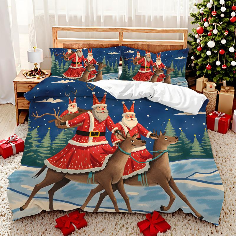 3D Digital Printed Bedding Two Or Three Piece Santa And Elk Polyester Quilt Cover