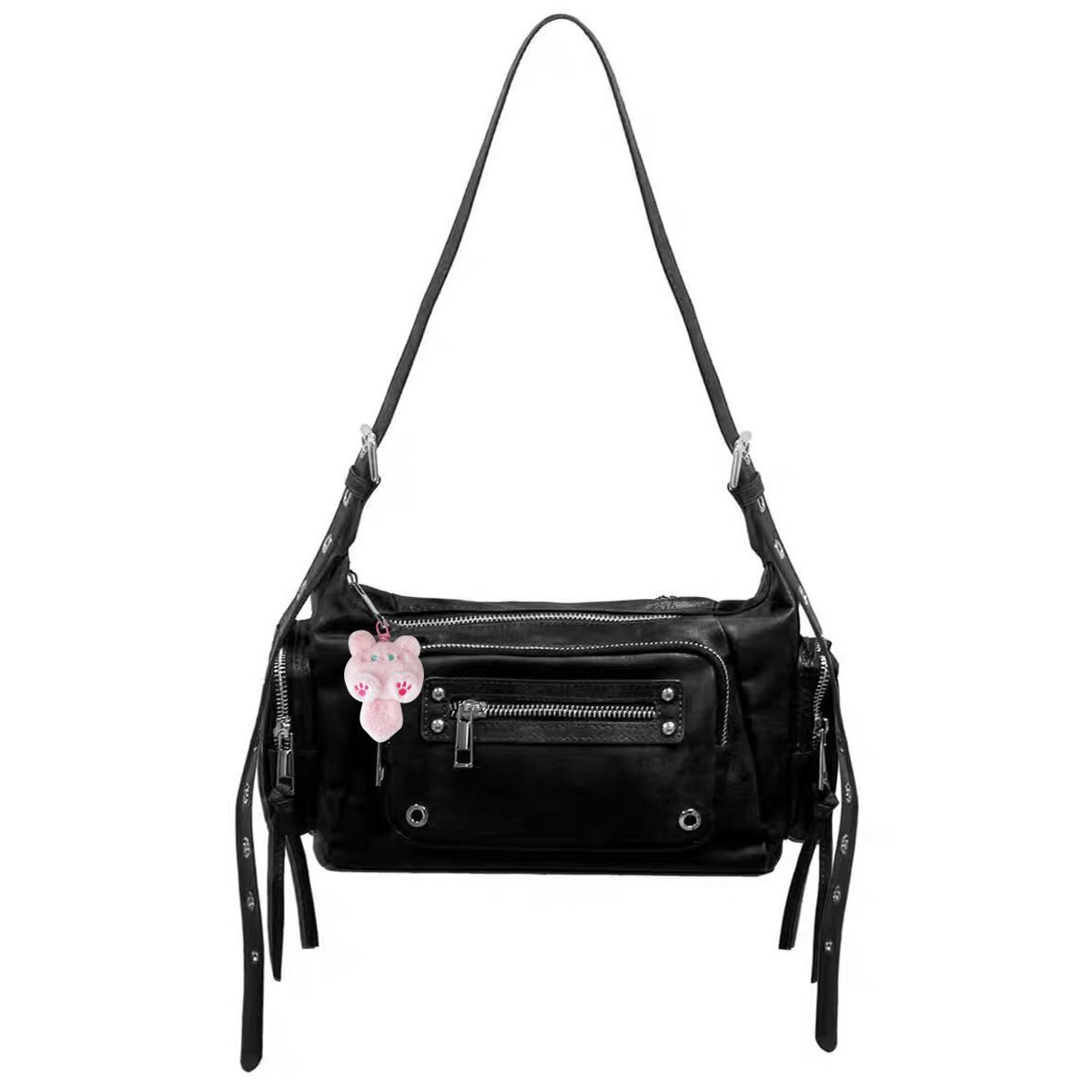 

Vintage Washed PU Leather Crossbody Bag for Women Multiple Pockets Retro Motorcycle Style Korean Luxury Shoulder Sac for Gir чёрный