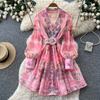 Vintage Women Single Breasted Gorgeous Flower Print Shirt Dress New Autumn Notched Collar Linen Boho Holiday A Linen Mini Dress