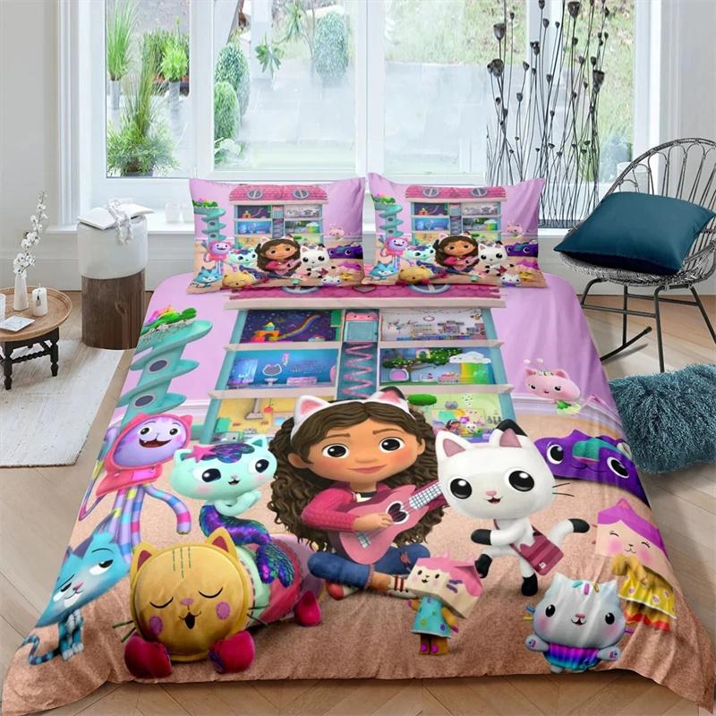 New 3D Gabby's Dollhouse Bedding Set Polyester Duvet Cover Set Pillow Cover Single Twin Full Bed Linen for Girls Boys Kids Gift