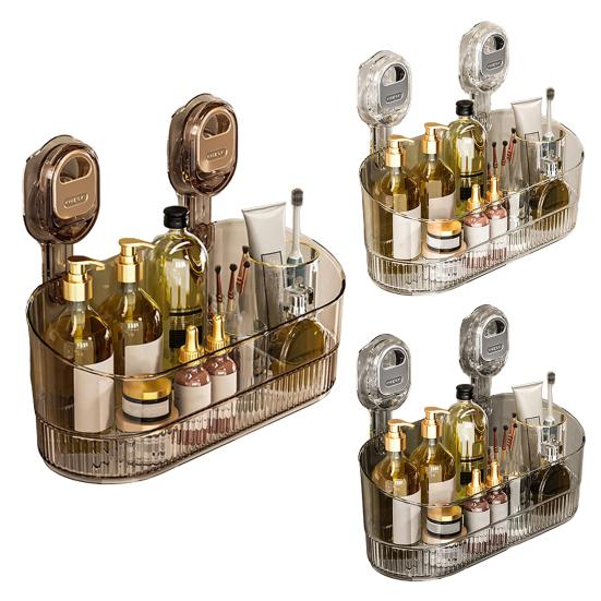 No Drill Bathroom Suction Storage Box Wall-Mounted Storage Shelf Organizer with Drain Hole Removable Clear Shower Caddy for Home Kitchen