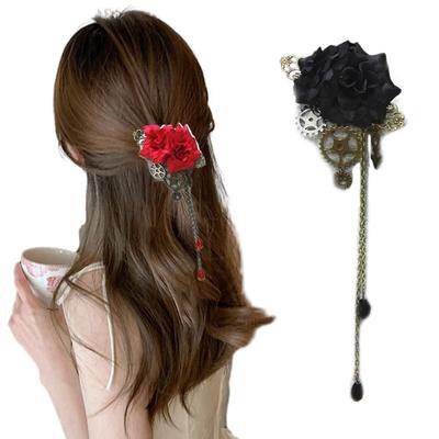 Pinza para el pelo floral Steampunk vintage, tocado gótico punk, horquillas, pasadores, accesorios para el pelo, pinza de pelo con cadena y borlas