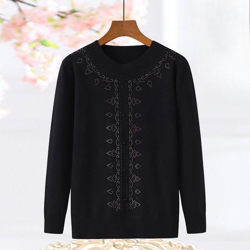 Spring and Autumn Thin Women's Round Neck Sweater Rhinestone Loose Knit Pullover Sweater Plus Size Knitwear