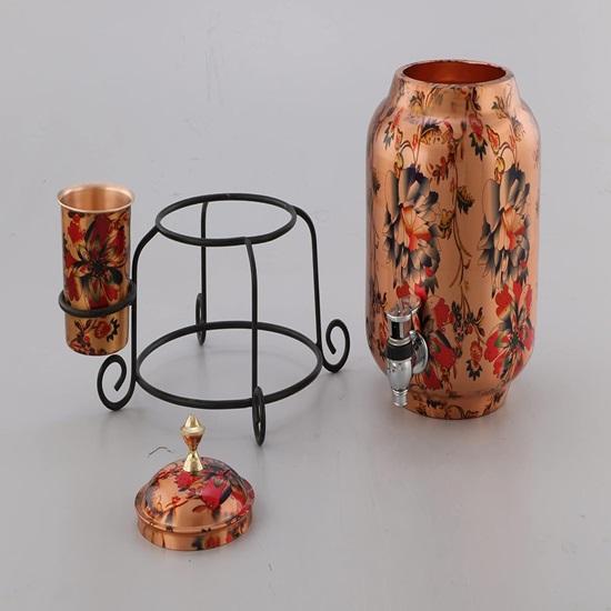5 Litre Beautiful Design Printed Copper Water Matka Pot Container Pot with 1 Copper Glass and Stand, Pure Copper and Ayurvedic Health Benefits