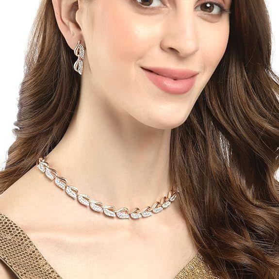 Women American Diamond Studded Intrcately Designed Leaf Shaped Necklace With Earring Jewellery Set For Women and Girl