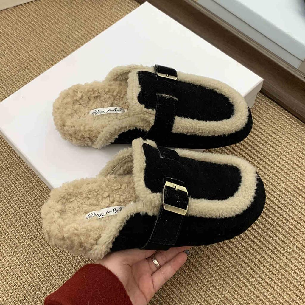 Flache Plateau Baumwollpantoffeln Damen Pelz Pantoletten Schuhe 2025 Winter Neu Plüsch Warme Pantoletten Trend Weiches Leder Gemütliche Freizeitschuhe