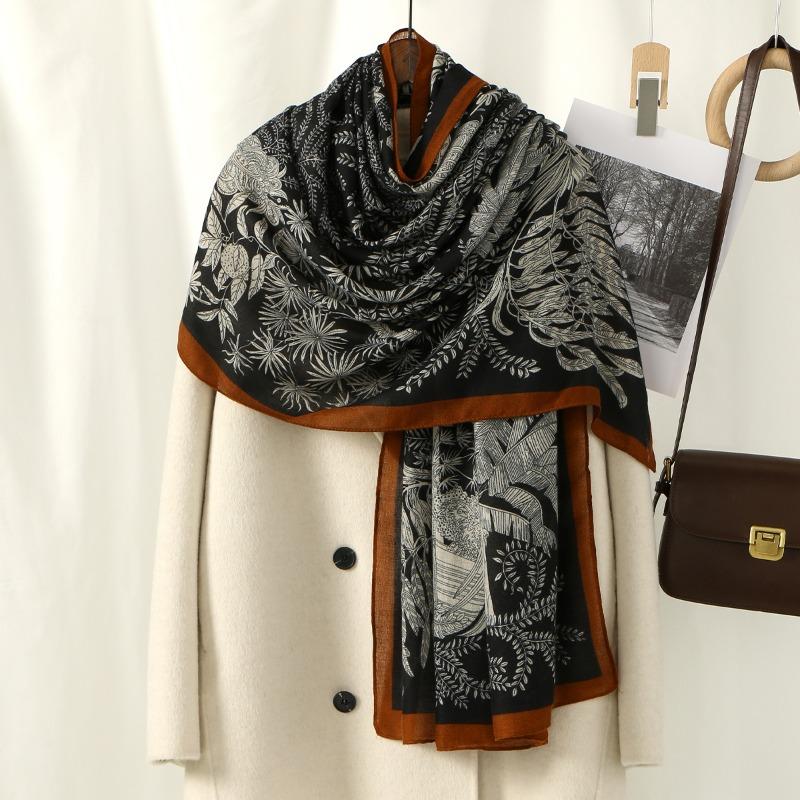 Hot-selling retro popular leaf messy long towel cotton and linen feel advanced leaf printing large size headscarf