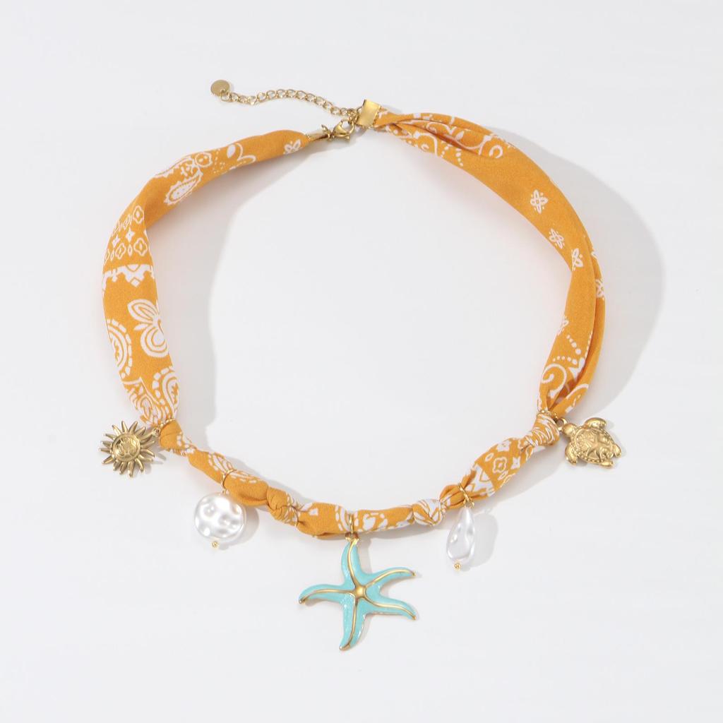 Seaside Vacation Silk Scarf & Pendant Set: Orange Cashew Flower & Starfish Sea Turtle on Adjustable Clavicle Chain