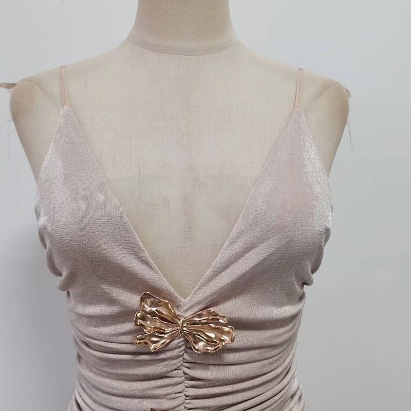 Celebrity Style Banquet Suspender Tube Top Pleated Design Champagne Skirt Dress Set Women