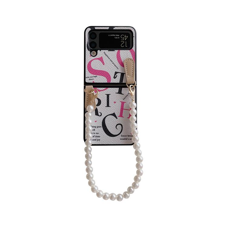 Applicable To Samsung ZFlip3 Folding Screen Mobile Phone Case, Zebra Pattern Pearl Lanyard Zflip4 Portable Wristband Protective Case