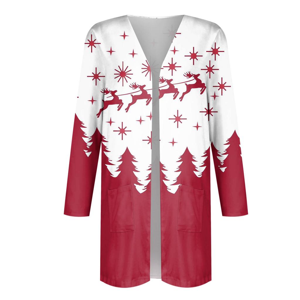 Damenmode, lässig, Weihnachtsdruck, mittellanger Cardigan-Jackenmantel