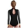 Girls Dance Leotard Sheer Mesh Long Sleeves Mock Neck Keyhole Back Metallic Stripes Buttons Bodysuit Costume