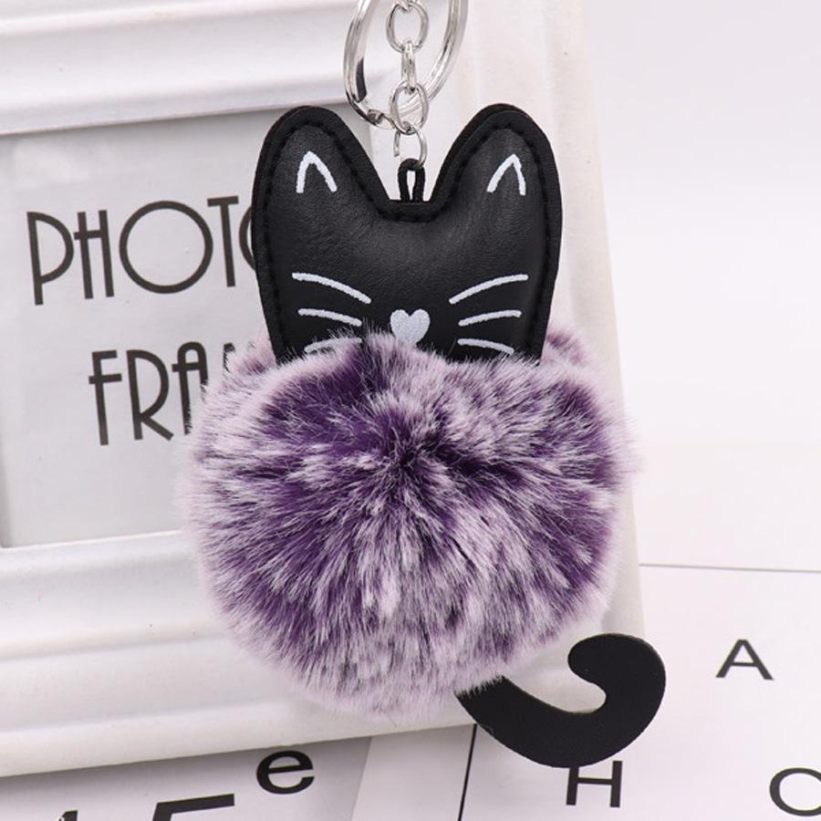 Adorable Black Kitten Keychain with Faux Fur Ball Charm - Cat Plush Toy Accessory