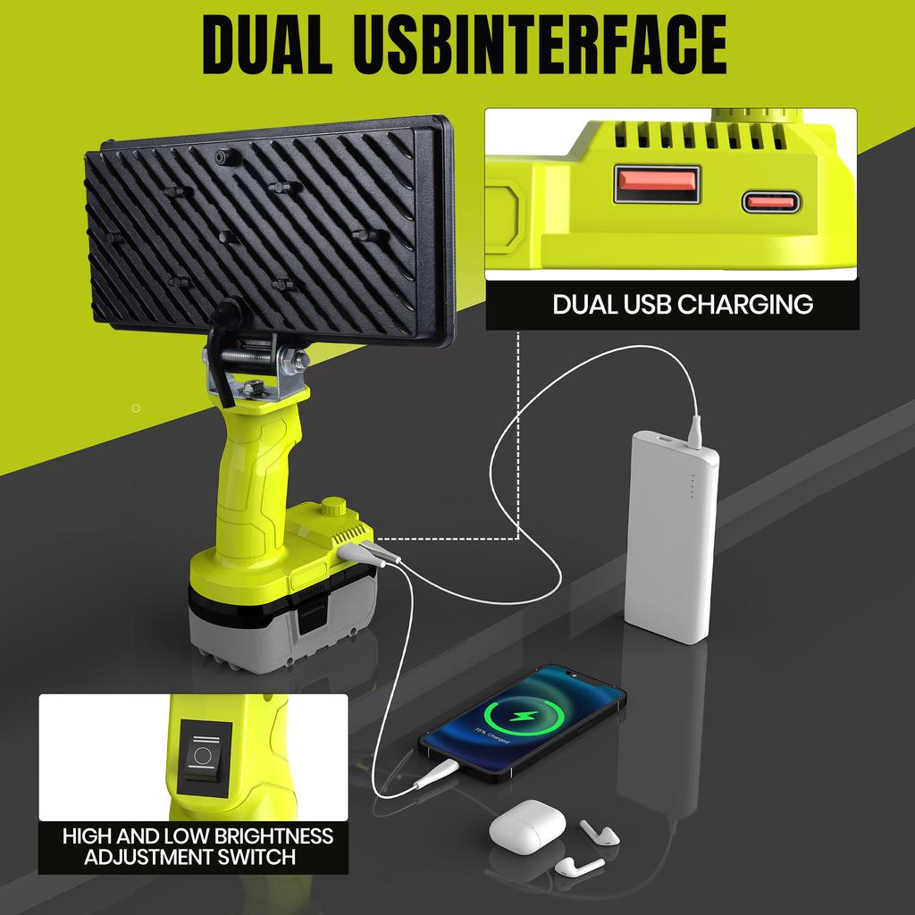 Outdoor Emergency LED Work Light 4000LM 35W Flashlight For Ryobi 18V Lithium P108 P104 Nickel One+ Battery USB Type-C Power Bank