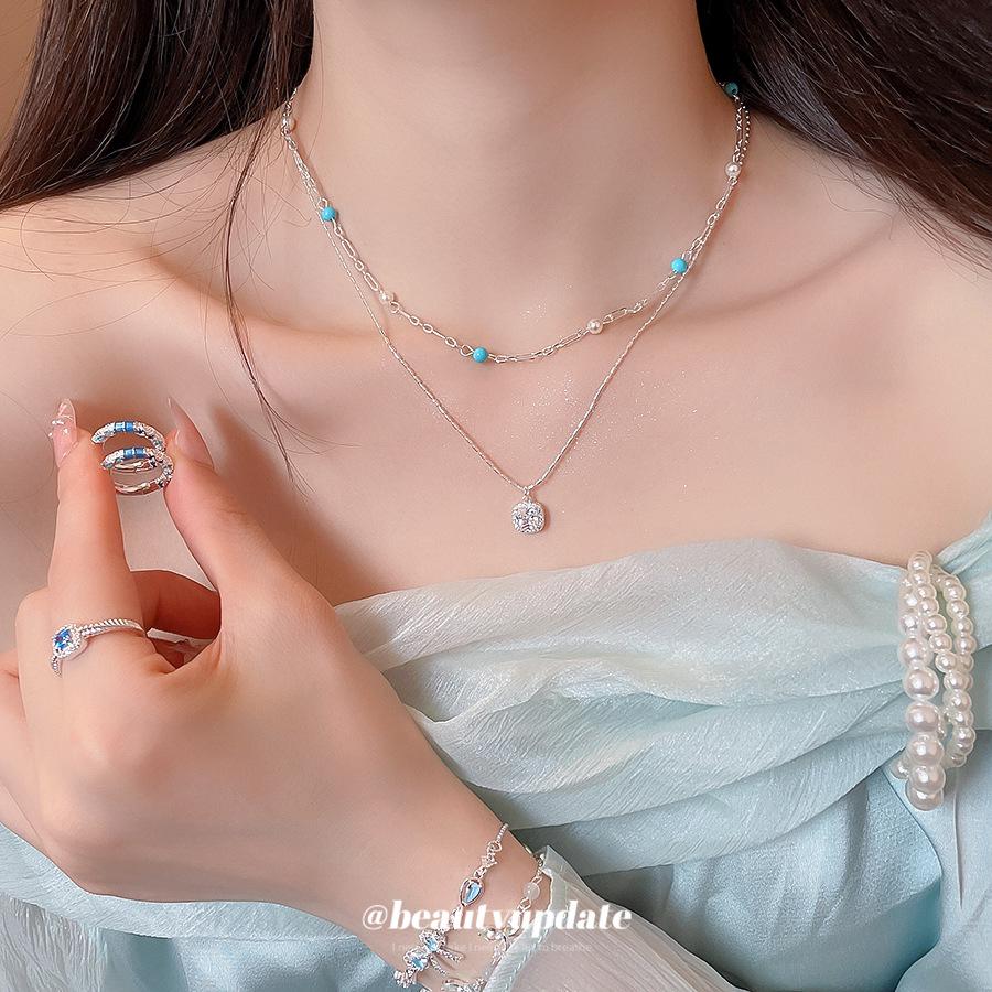 Luxury Double-Layer Pearl Zirconia Square Geometric Necklace - Versatile Clavicle Chain for Chic Commuting