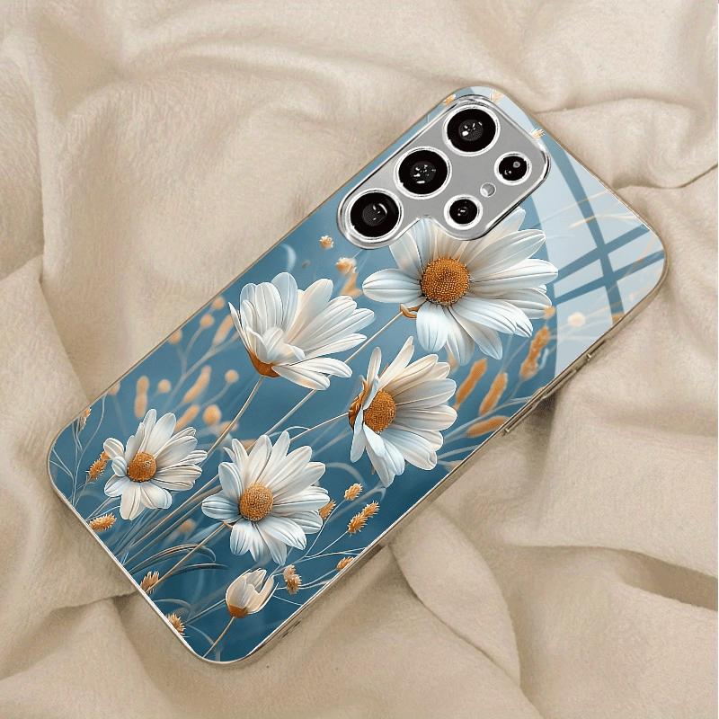Gold-plated tempered glass phone case  compatible Galaxy S26 S25 S24 S23 S22 Ultra Plus. Features a white daisy design.
