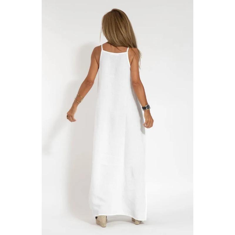 Modisches, lässiges Neckholderkleid aus Baumwolle und Leinen mit Schlitz