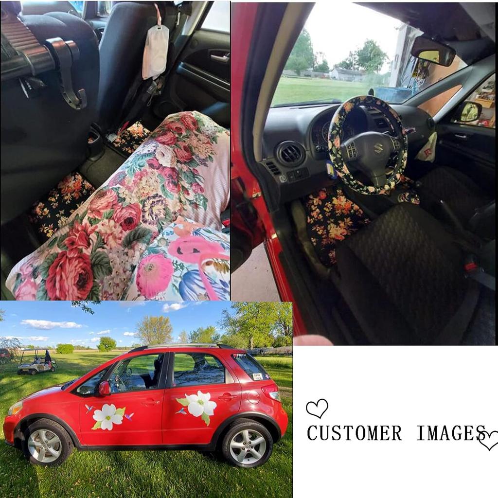 Art Flowers Pattern Car Floor Mats Front Rear Premium Carpets Mat, Set of 4 Floral Auto Foot Mats Universal Fit Vehicles,Women
