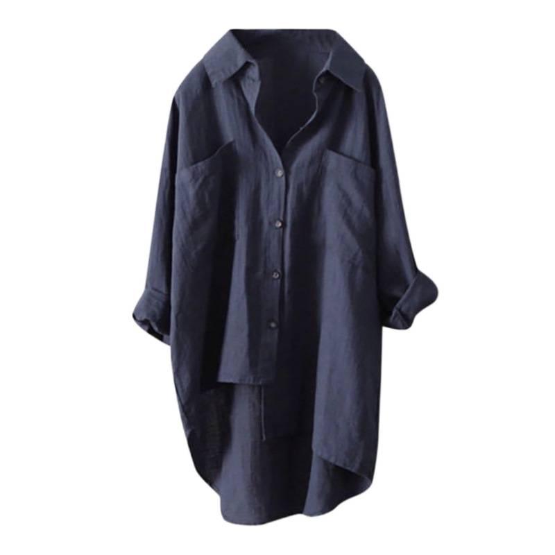 Damen Freizeit Cardigan Hemd aus Baumwolle und Leinen - Einfarbige, Doppeltasche, Langarm, 7 Farben, 8 Größen