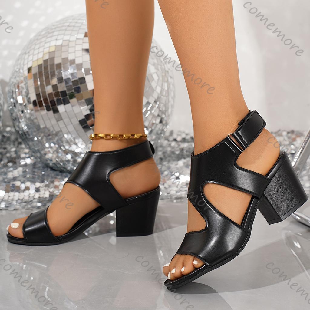 Fashion Comemore Summer New High-heeled Black Peep Toe Sandals for Women Soft Leather Gladiator Sandalias Large Size Dress Women's Shoe