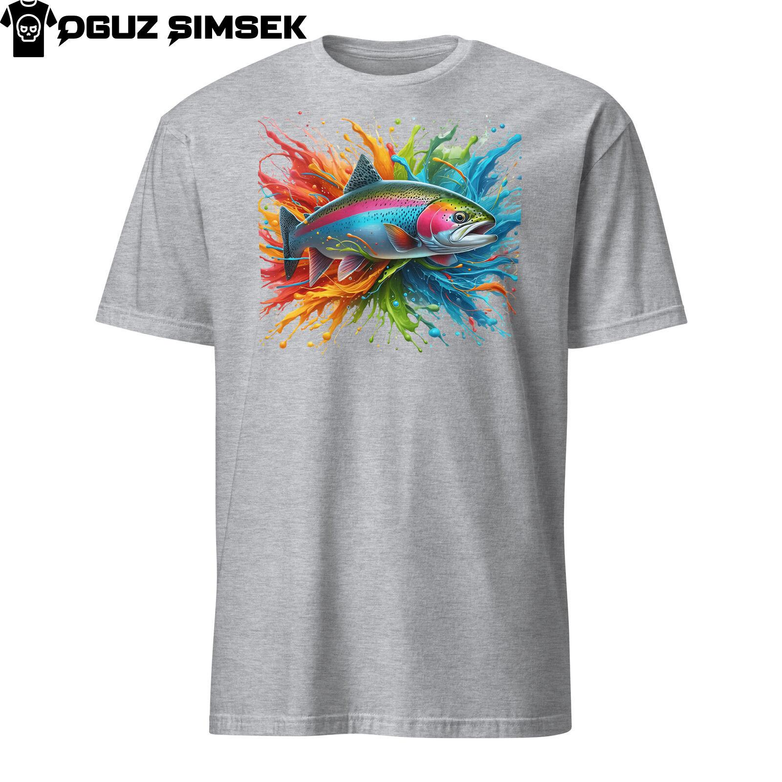 Vibrant Rainbow Trout Short-Sleeve Unisex T-Shirt Mens Womens Tees Top | Colorful Fish Splash Tee M