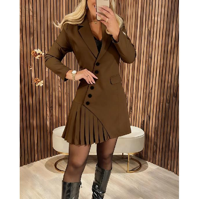 2026 Long-Sleeved Pleated Suit Dress for Spring and Autumn, Elegant Dress S темно-коричневого