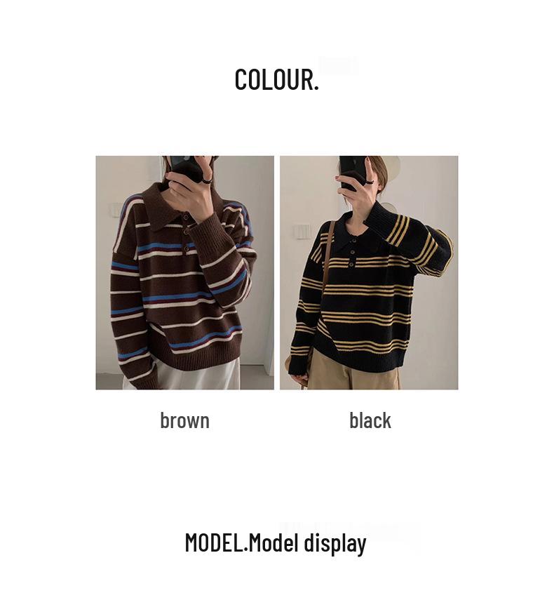 Women's Autumn Color Block Striped Polo Collar Sweater - Korean Style Versatile Pullover Knitwear