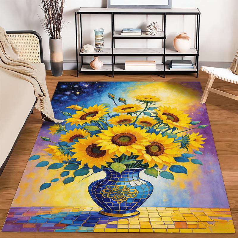 Bunter Sonnenblumen-Vasenmuster-Teppich, Helles florales Kunstdesign-Teppich Geeignet für die Verwendung als Antirutsch-Matte für Wohnzimmer, Schlafzimmer, Sofas