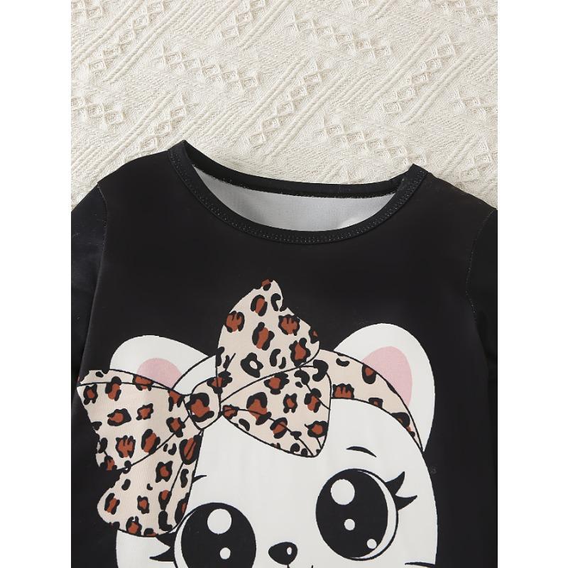 Long-Sleeve And Long-Pants Outfit for Girls | Cute Cat Design T-Shirt And Leopard Print Pants | Soft And Comfortable Set Suitable for Outdoor Wear