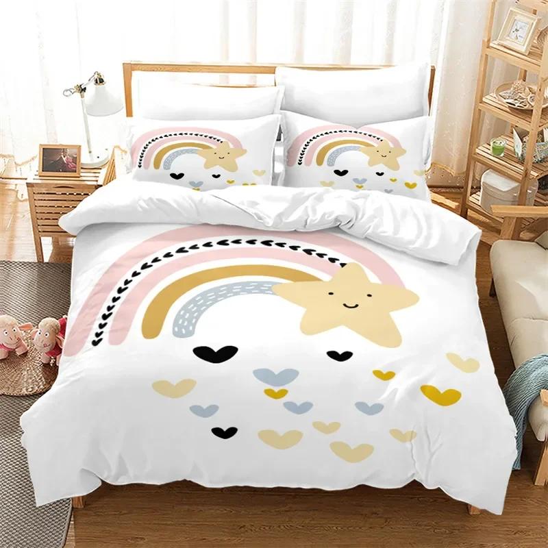 Cartoon Rainbow Duvet Cover Twin Queen King Cute Clouds Bedding Set for Kids Girls Kawaii Room Decor Starry Sky Comforter Cover