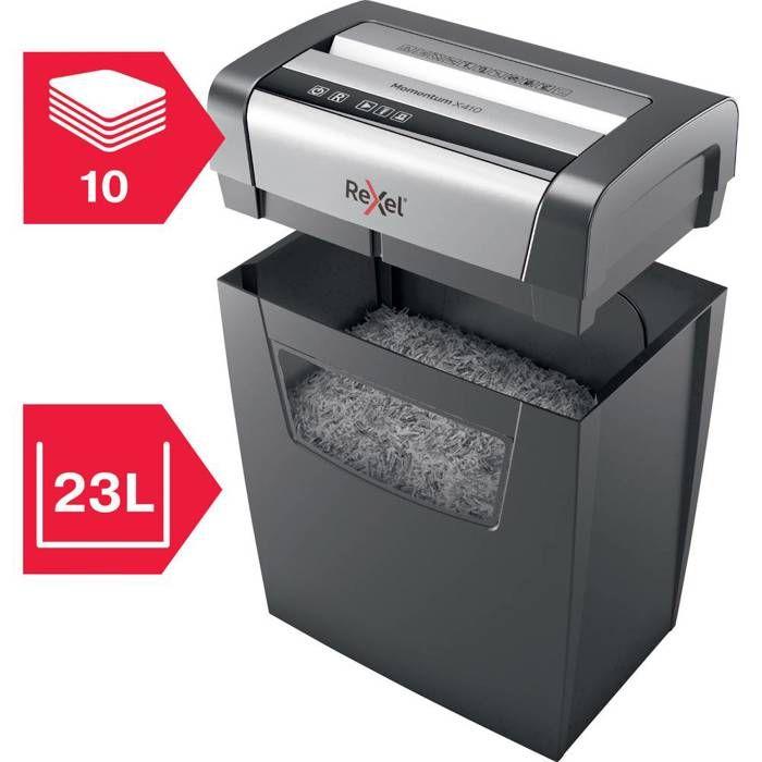 Déchiqueteuse de papier - Rexel - Momentum X410 - P4 - 10 feuilles - 23L - Noir