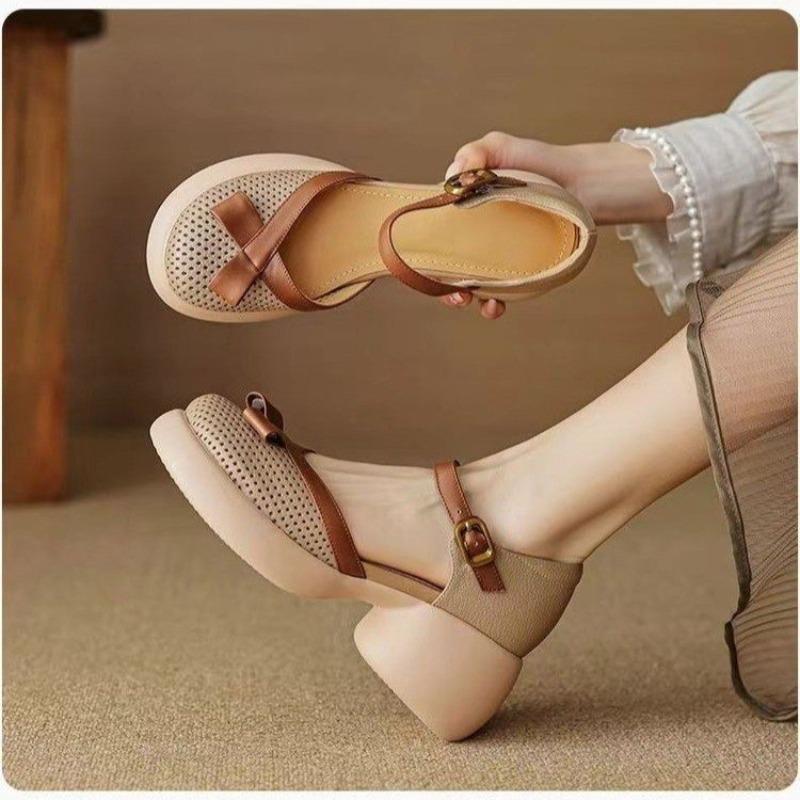 Retro Shoes, Thick-soled High Heels, Women's Cutouts, Thick Heels, Casual One-button Sandals