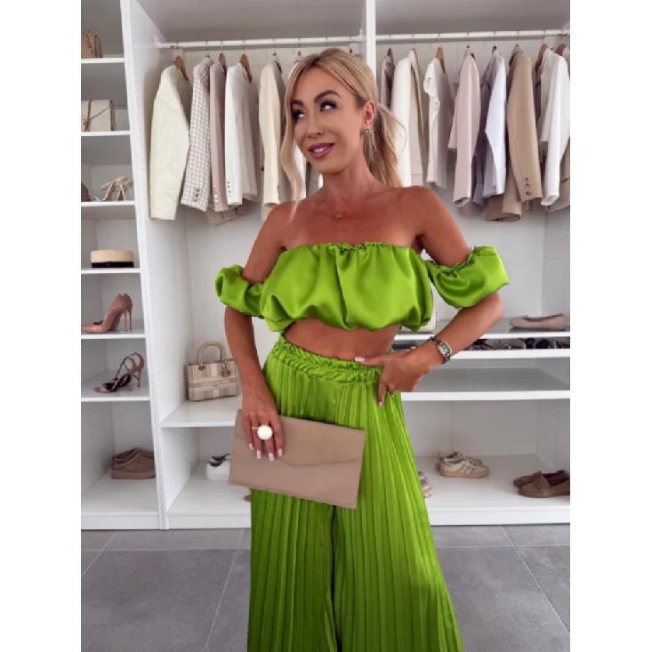 Eleganter einfarbiger Sommer-Neuzugang Damen Langarmweste und plissierte Hose Set Modisches und stilvolles Outfit