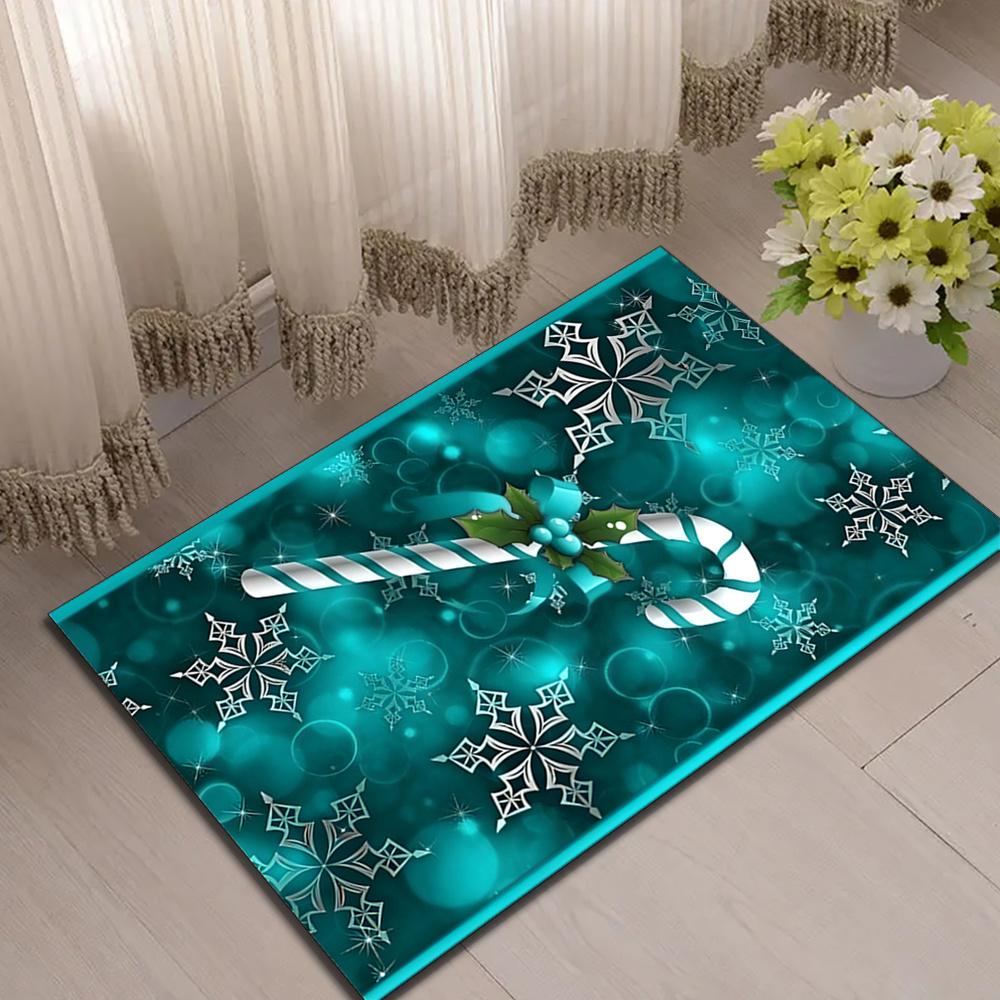 1pc Christmas Snowflake Area Rug - Soft Crystal Velvet, Teal Background with Candy Canes & Festive Snowflakes, Durable Polyester
