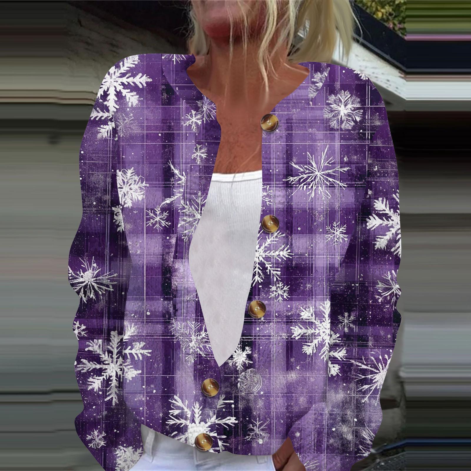 

Женская мода рождественский принт длинный рукав вязаный кардиган пуховик XXL фиолетовый